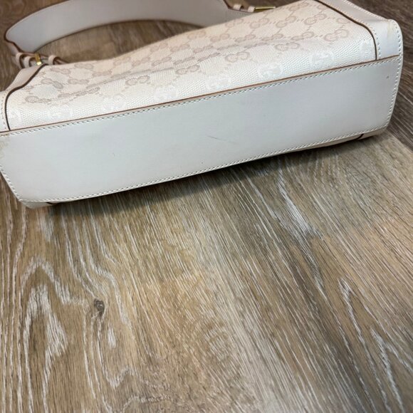 GUCCI- White Vintage Zip Shoulder Bag GG Canvas with Leather - Picture 9 of 13